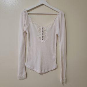 Vici Isn’t It Romantic Lace Henley Ribbed Knit Top